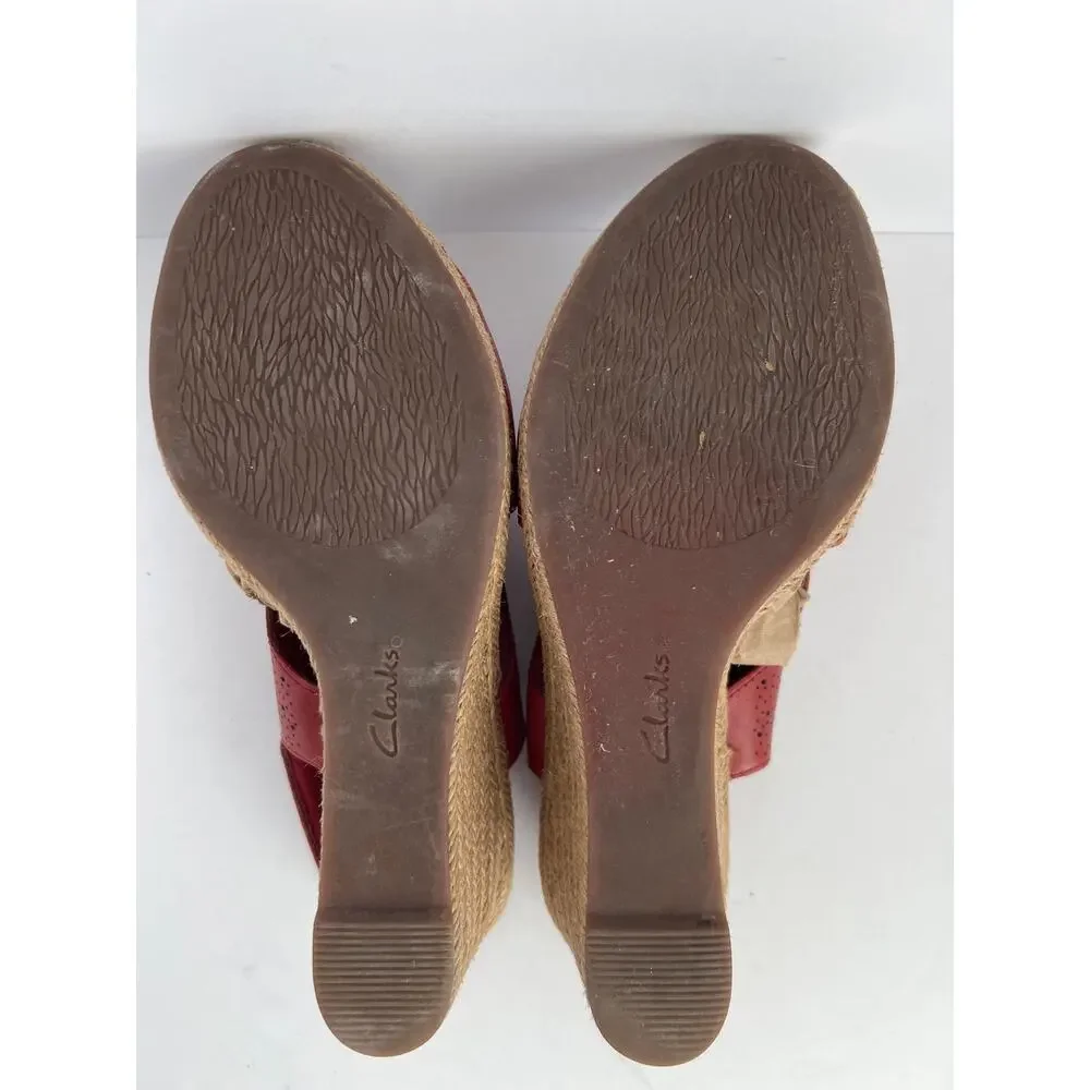 Clarks Collection Lafley Rosen Red Leather Espadrille Wedge Sandals Size 8